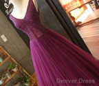 Gorgeous Purple Beaded V Neckline Prom Gowns, Sweet 16 Dresses