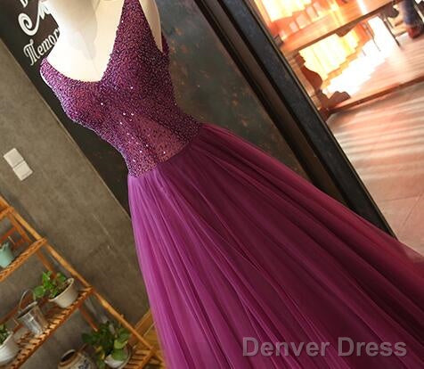 Gorgeous Purple Beaded V Neckline Prom Gowns, Sweet 16 Dresses