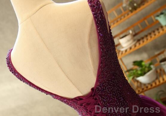 Gorgeous Purple Beaded V Neckline Prom Gowns, Sweet 16 Dresses