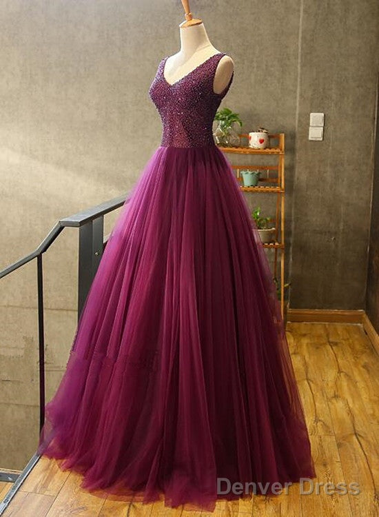 Gorgeous Purple Beaded V Neckline Prom Gowns, Sweet 16 Dresses Main image