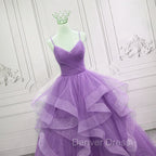 Gorgeous Purple Straps Layers Tulle V-neckline Long Evening Dresses, Light Purple Prom Dresses