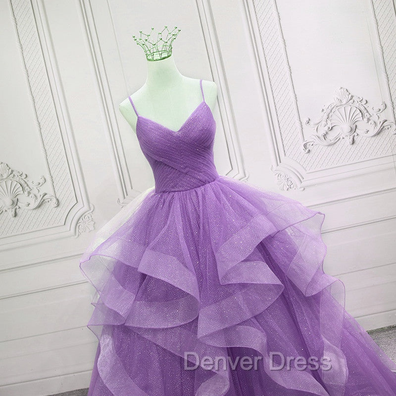 Gorgeous Purple Straps Layers Tulle V-neckline Long Evening Dresses, Light Purple Prom Dresses
