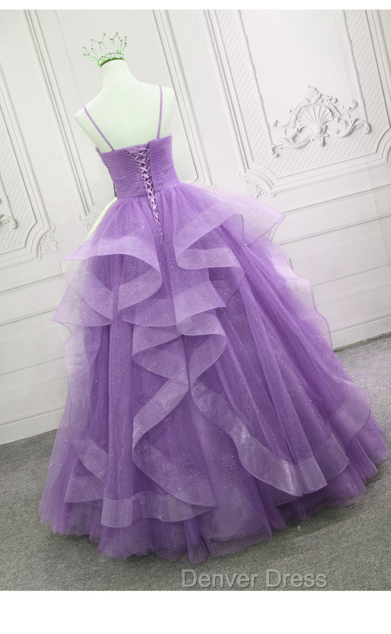 Gorgeous Purple Straps Layers Tulle V-neckline Long Evening Dresses, Light Purple Prom Dresses