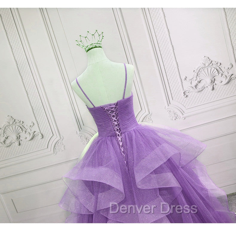 Gorgeous Purple Straps Layers Tulle V-neckline Long Evening Dresses, Light Purple Prom Dresses