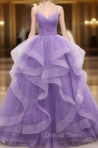 Gorgeous Purple Straps Layers Tulle V-neckline Long Evening Dresses, Light Purple Prom Dresses