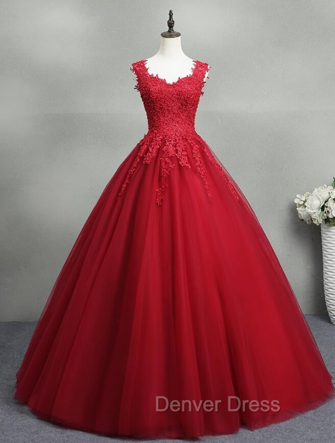 Gorgeous Red Ball Gown Sweet 16 Gown, Red Tulle with Lace Applique Party Dresses Main image