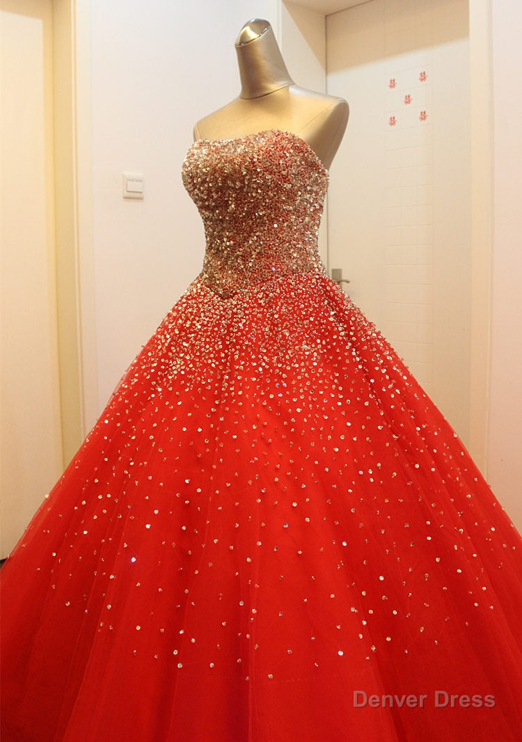 Gorgeous Red Long Tulle Gown, Sparkle Handmade Formal Dresses Secondary image