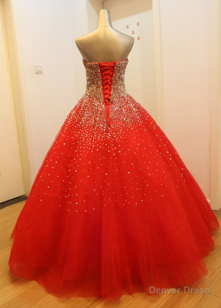 Gorgeous Red Long Tulle Gowns, Sparkle Handmade Prom Dresses