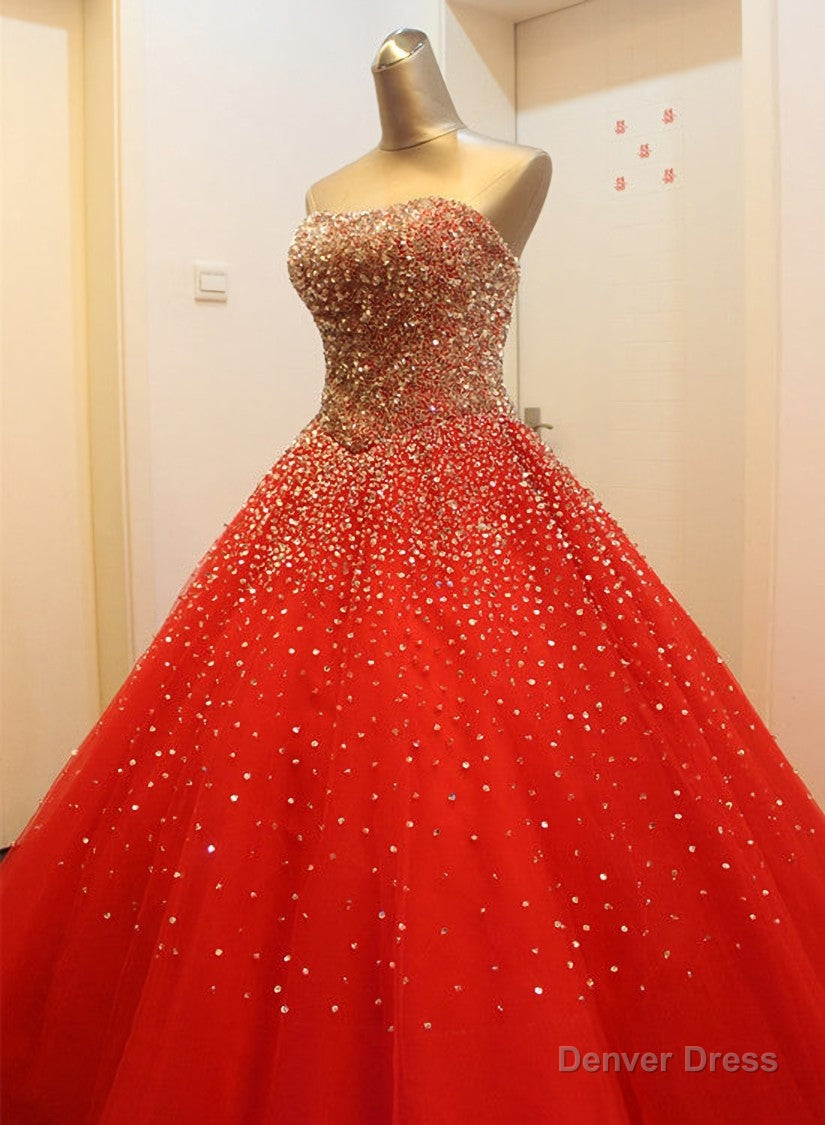 Gorgeous Red Long Tulle Gowns, Sparkle Handmade Prom Dresses