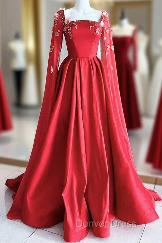 Gorgeous Red Satin Appliques Prom Dress,Prom A Line Prom Dresses With Cape