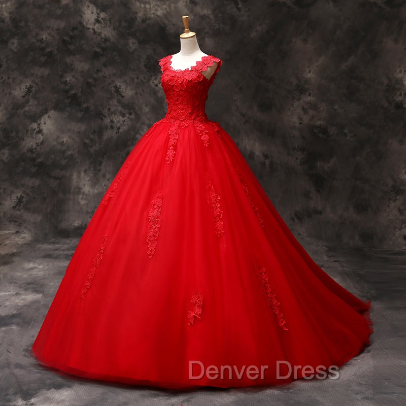 Gorgeous Red Tulle Ball Gown Long Formal Dresses with Lace Flowers, Red Sweet 16 Dresses Secondary image
