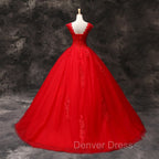 Gorgeous Red Tulle Ball Gowns Long Prom Dress with Lace Flowers, Red Sweet 16 Dresses