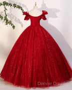 Gorgeous Red Tulle Ball Gowns Off Shoulder Sweet 16 Dress, Red Long Prom Dresses