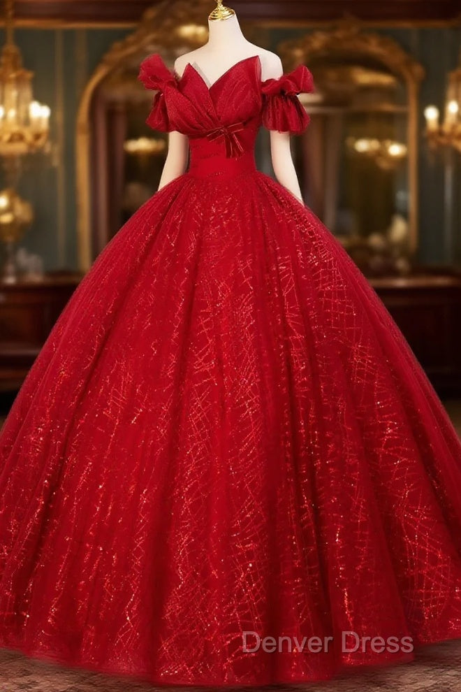 Gorgeous Red Tulle Ball Gowns Off Shoulder Sweet 16 Dress, Red Long Prom Dresses Main image