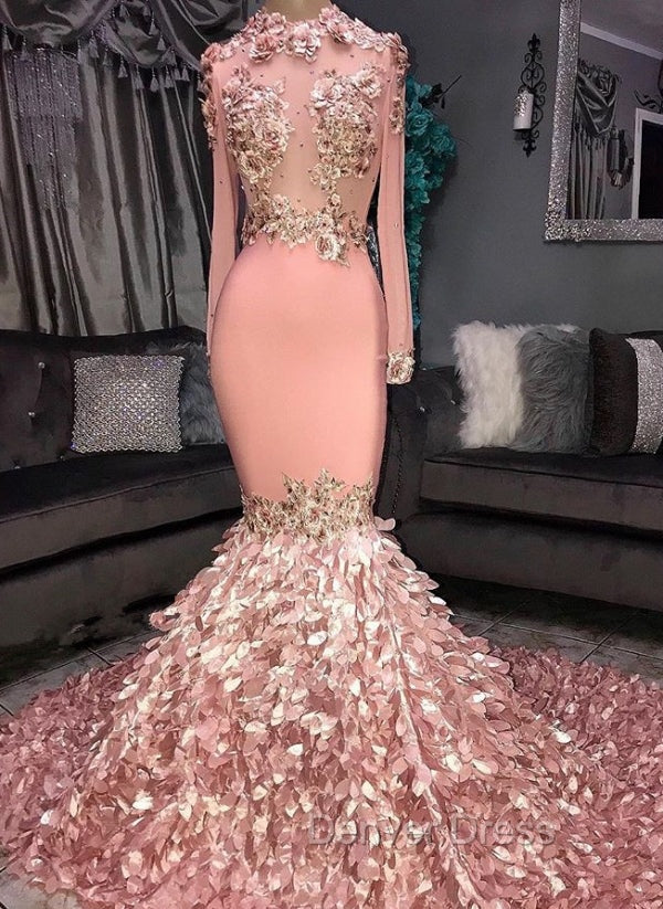 Gorgeous Round Neck Flower Long Sleevess Sequins Mermaid Prom Dresses