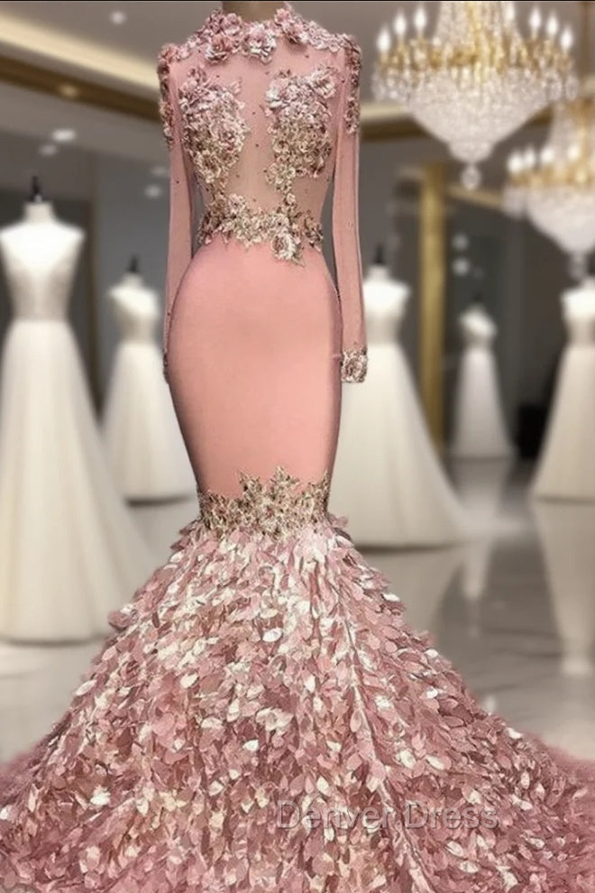 Gorgeous Round Neck Flower Long Sleevess Sequins Mermaid Prom Dresses