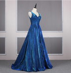 Gorgeous Royal Blue A-Line V-Neck Backless Satin Train Prom Dresses Evening Dresses