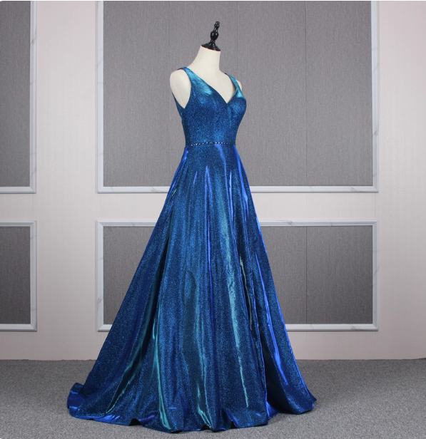 Gorgeous Royal Blue A-Line V-Neck Backless Satin Train Prom Dresses Evening Dresses