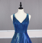 Gorgeous Royal Blue A-Line V-Neck Backless Satin Train Prom Dresses Evening Dresses