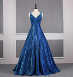 Gorgeous Royal Blue A-Line V-Neck Backless Satin Train Prom Dresses Evening Dresses