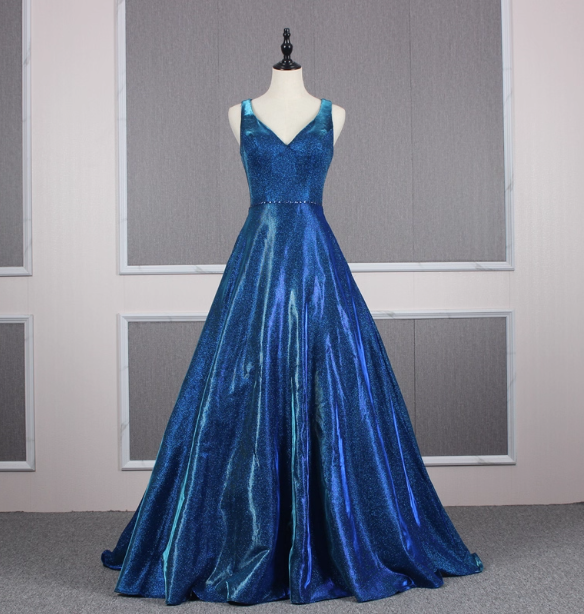 Gorgeous Royal Blue A-Line V-Neck Backless Satin Train Prom Dresses Evening Dresses