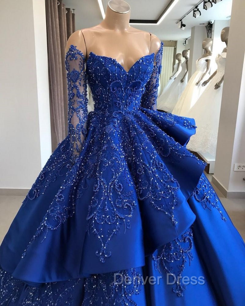 Gorgeous Royal Blue Lace Ruffled Prom Party Gowns| Strapless Sweetheart Beads Quinceanera Dresses Secondary image