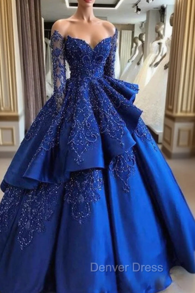 Gorgeous Royal Blue Lace Ruffled Prom Party Gowns| Strapless Sweetheart Beads Quinceanera Dresses Main image
