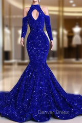 Gorgeous Royal Blue Long Sleeves Prom Dresses Mermaid Long With Sequins
