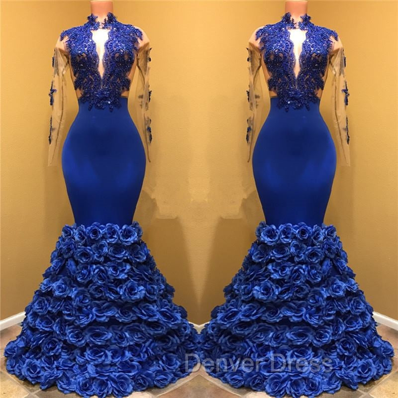 Gorgeous Royal Blue Prom Dresses Long Sleevess Evening Gowns with Rose Flowers Secondary image