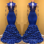 Gorgeous Royal Blue Prom Dresses Long Sleevess Evening Gowns with Rose Flowers