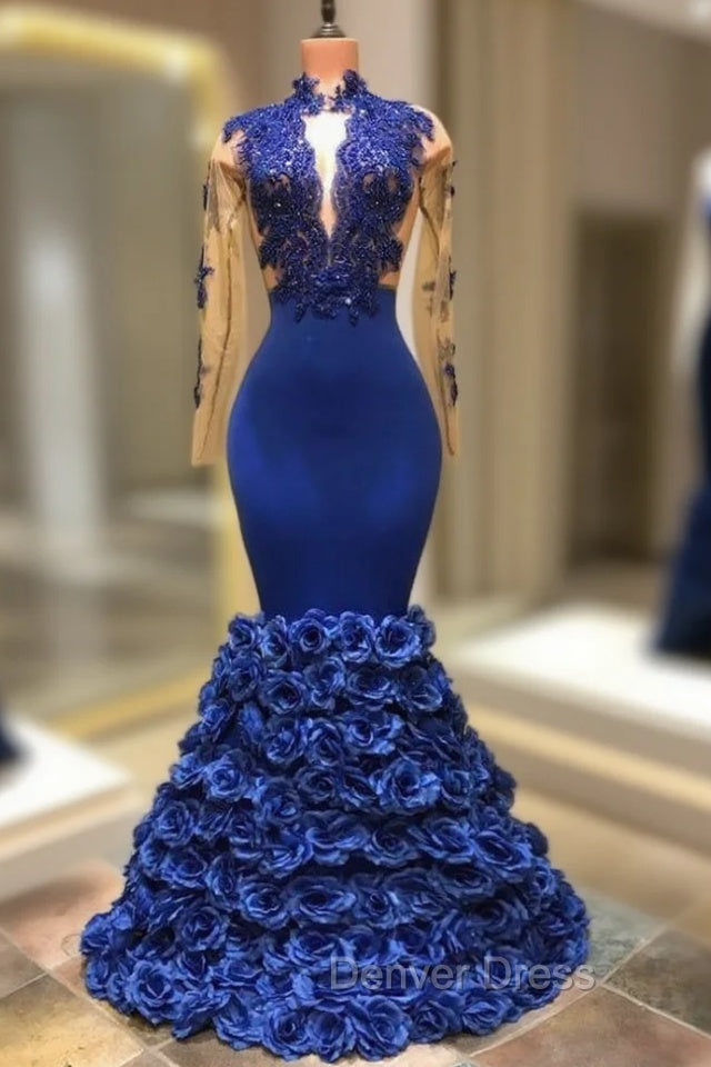 Gorgeous Royal Blue Prom Dresses Long Sleevess Evening Gowns with Rose Flowers