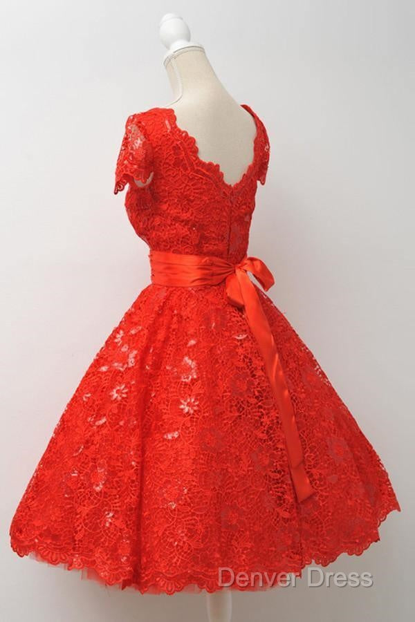 Gorgeous Scalloped-Edge Knee-Length Red Lace Homecoming Dresses With Sash Secondary image