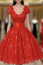 Gorgeous Scalloped-Edge Knee-Length Red Lace Homecoming Dresses With Sash