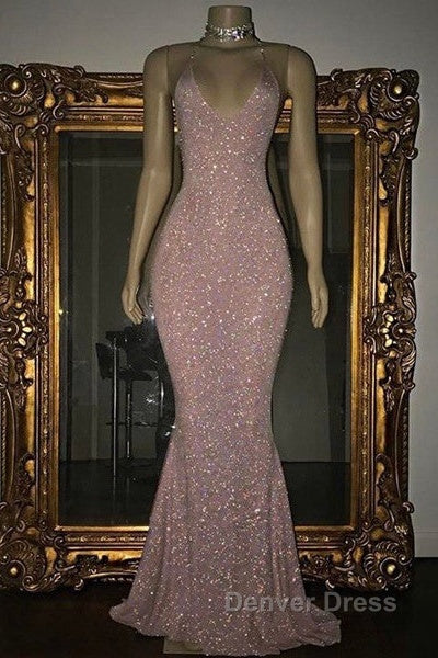 Gorgeous Sequined Mermaid Spaghetti-Strap Long Sleevesless Prom Party Gowns