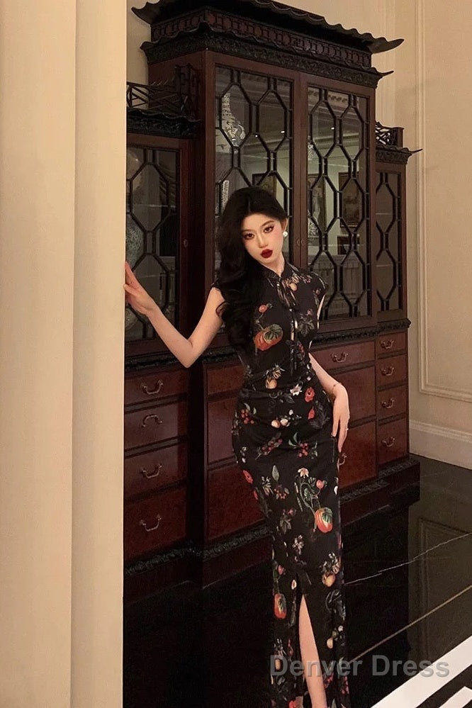 Gorgeous Sheath High Neckline Black Floral Date Night Dress Long Prom Dresses Birthday Outfits Secondary image