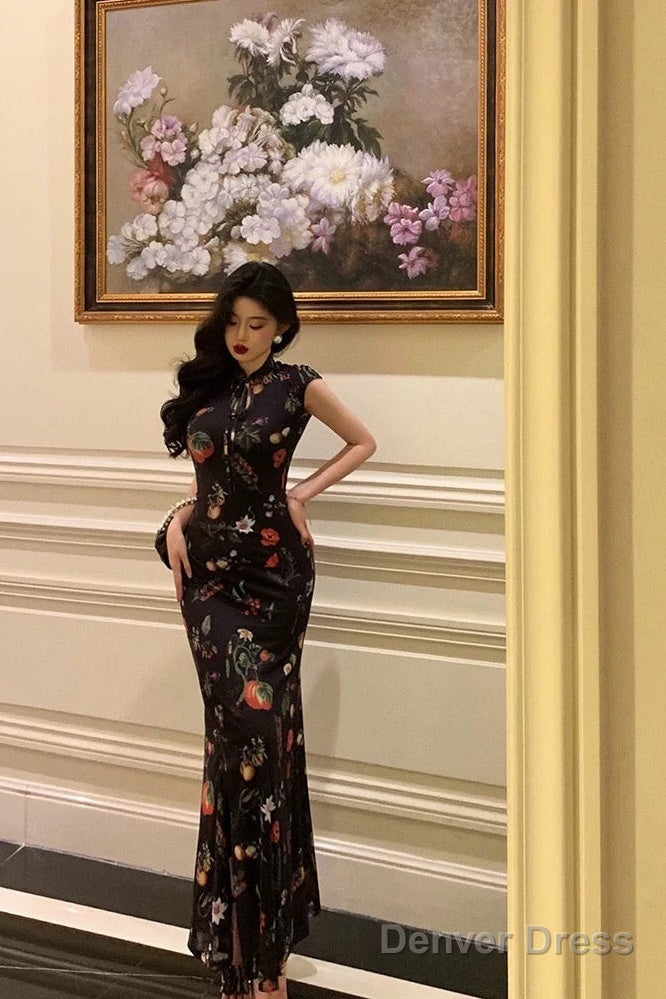 Gorgeous Sheath High Neckline Black Floral Date Night Dress Long Prom Dresses Birthday Outfits