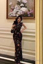 Gorgeous Sheath High Neckline Black Floral Date Night Dress Long Prom Dresses Birthday Outfits