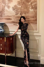 Gorgeous Sheath High Neckline Black Floral Date Night Dress Long Prom Dresses Birthday Outfits