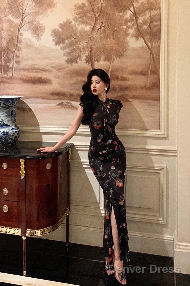 Gorgeous Sheath High Neckline Black Floral Date Night Dress Long Prom Dresses Birthday Outfits