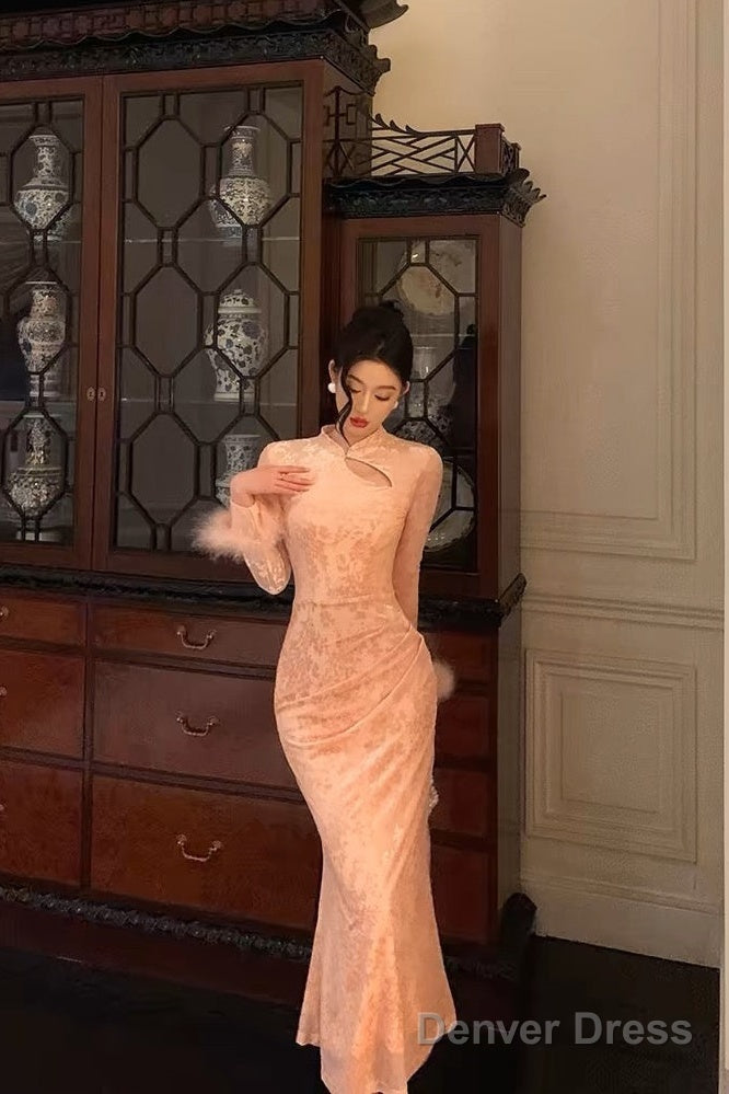 Gorgeous Sheath High Neckline Long Sleeves Pink Date Night Dress Long Prom Dresses Birthday Outfits Main image