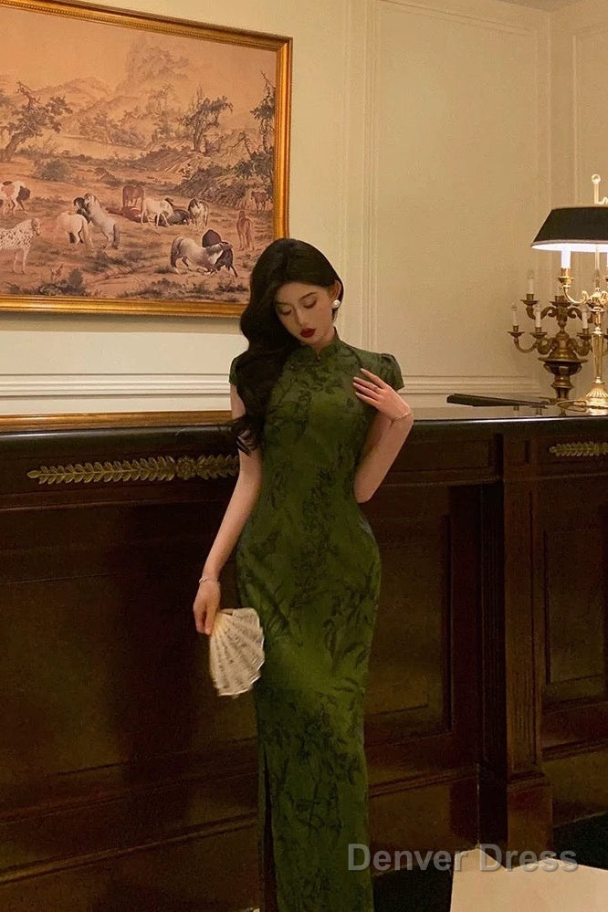 Gorgeous Sheath High Neckline Short Sleeves Green Date Night Dress Long Prom Dresses Birthday Outfits