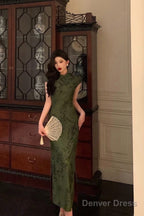 Gorgeous Sheath High Neckline Short Sleeves Green Date Night Dress Long Prom Dresses Birthday Outfits