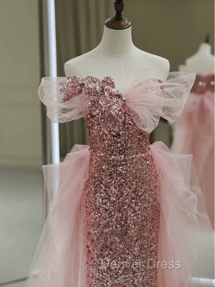 Gorgeous Sheath Off The Shoulder Pink Sequin Long Prom Dress Birthday Outfits Secondary image