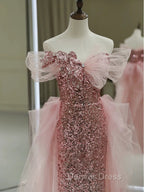 Gorgeous Sheath Off The Shoulder Pink Sequin Long Prom Dress Birthday Outfits