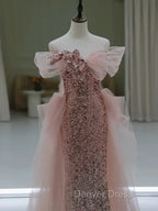 Gorgeous Sheath Off The Shoulder Pink Sequin Long Prom Dress Birthday Outfits