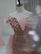 Gorgeous Sheath Off The Shoulder Pink Sequin Long Prom Dress Birthday Outfits