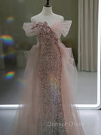 Gorgeous Sheath Off The Shoulder Pink Sequin Long Prom Dress Birthday Outfits