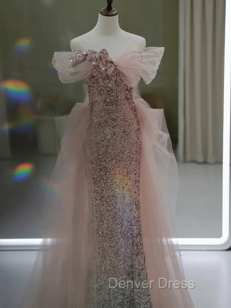 Gorgeous Sheath Off The Shoulder Pink Sequin Long Prom Dress Birthday Outfits