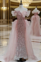 Gorgeous Sheath Off The Shoulder Pink Sequin Long Prom Dress Birthday Outfits