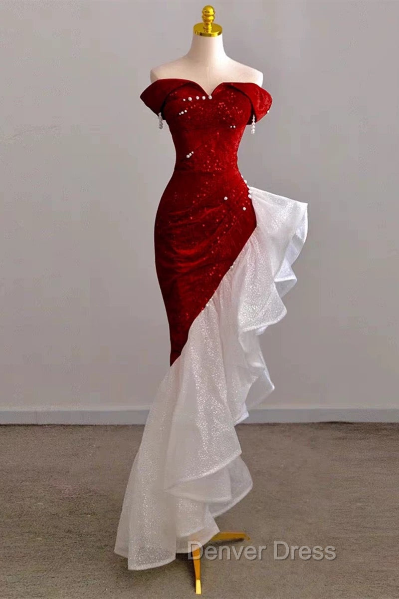 Gorgeous Sheath Off The Shoulder Sequin Red Prom Dress Birthday Outfits